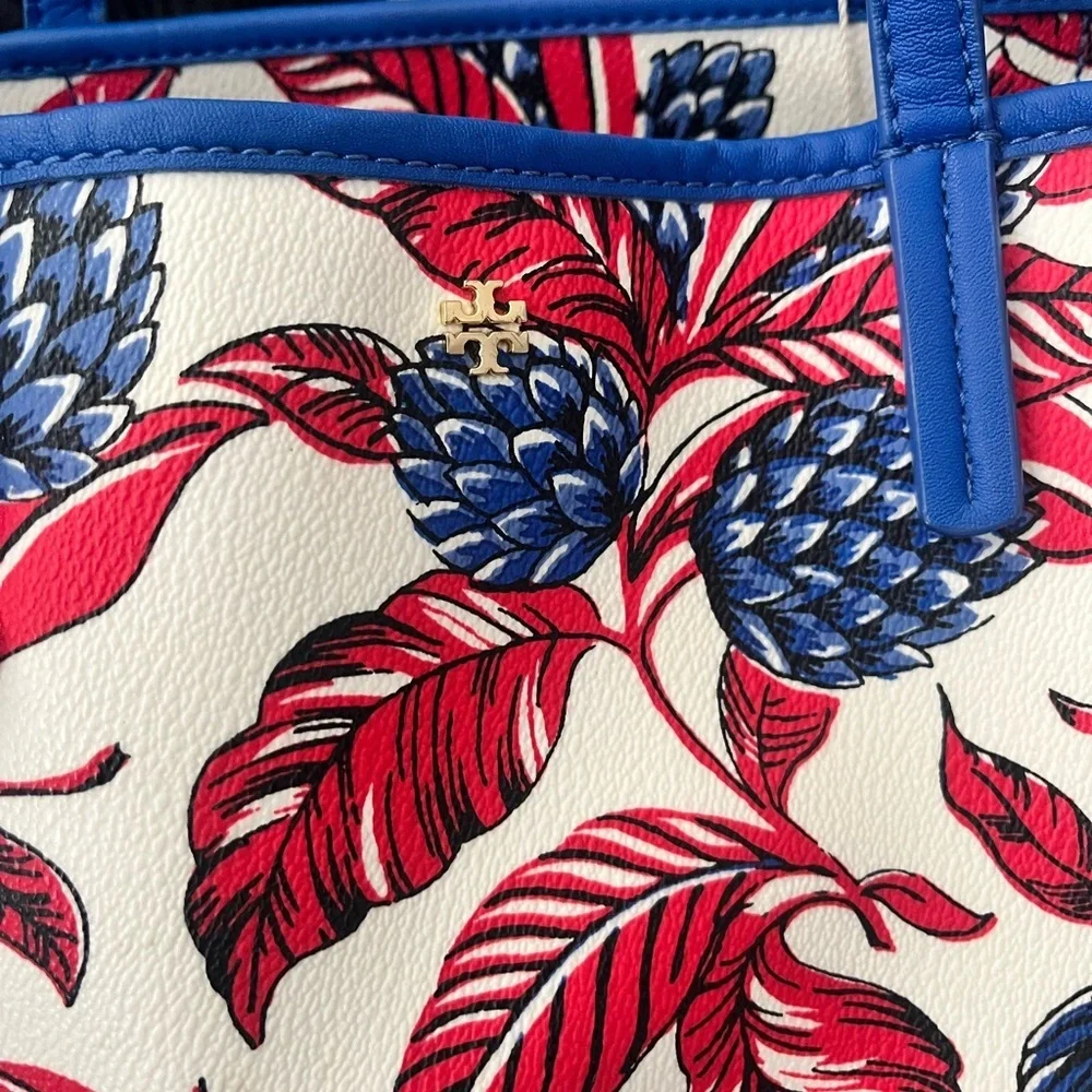 Floral Tote Bag with Blue and Red Accents